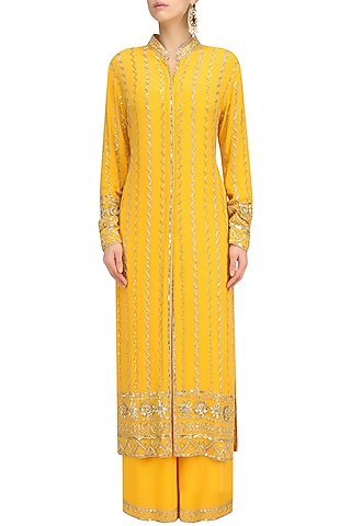 Mango Yellow Embellished Jacket and Sharara Set by Anushka Khanna