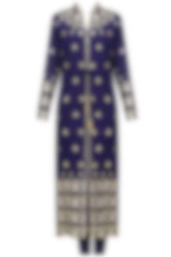 Navy Blue Embroidered Jacket Kurta Set by Anushka Khanna