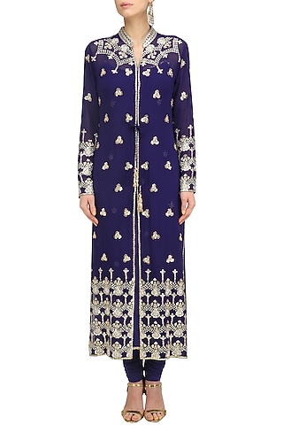 Navy Blue Embroidered Jacket Kurta Set by Anushka Khanna