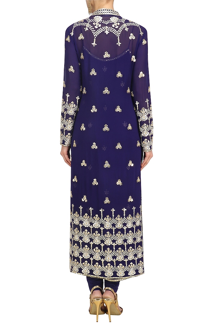 Navy blue embroidered jacket kurta set available only at Pernia's Pop Up Shop