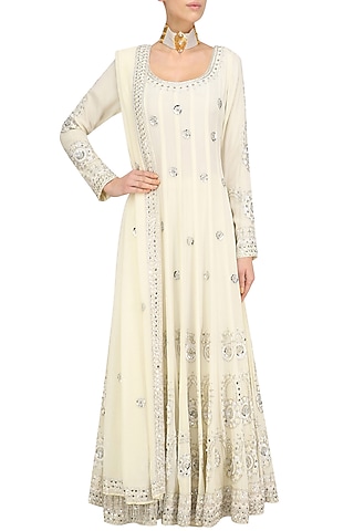 Cream Embroidered Anarkali Set by Anushka Khanna