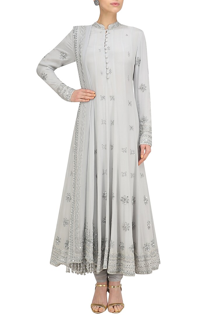 Ice blue embroidered anarkali set available only at Pernia's Pop Up Shop