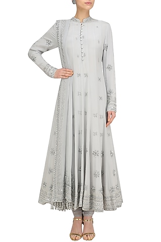 Ice Blue Embroidered Anarkali Set by Anushka Khanna