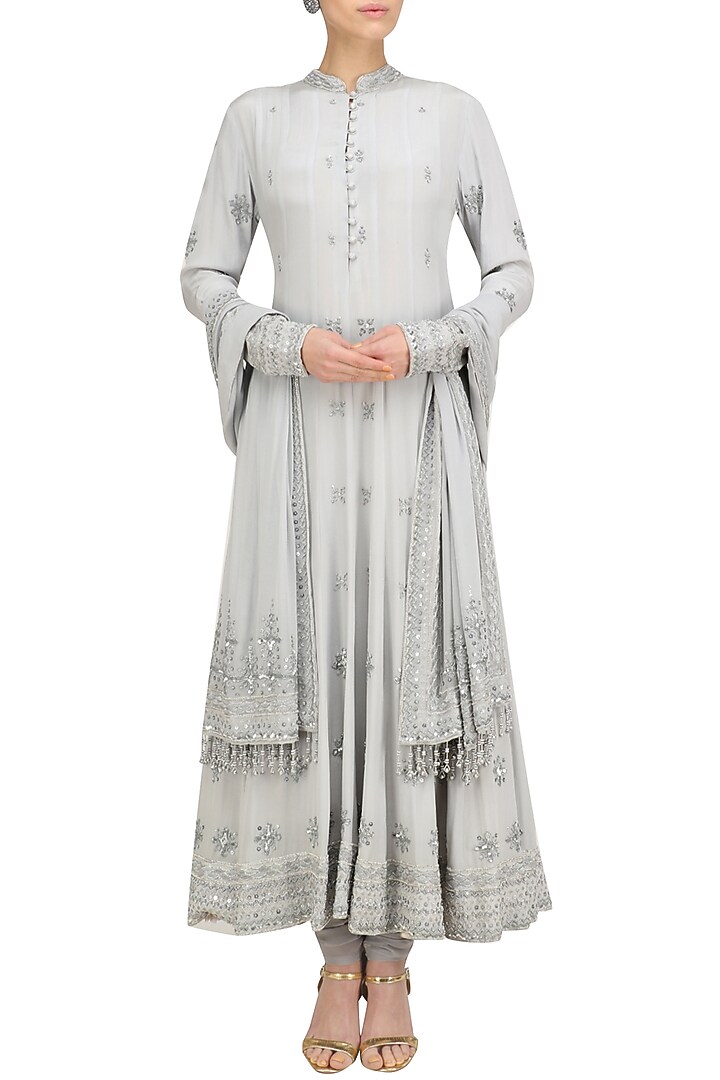 Ice blue embroidered anarkali set available only at Pernia's Pop Up Shop