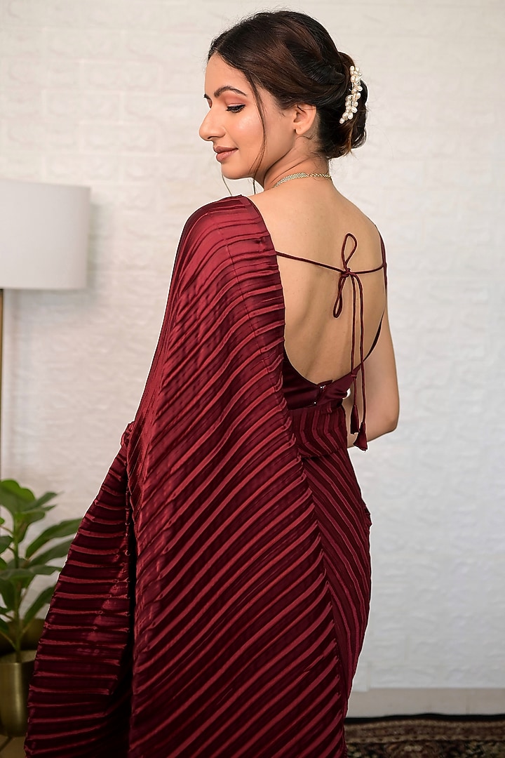 Maroon Pleated Satin Saree Set by Anuki at Pernia's Pop Up Shop