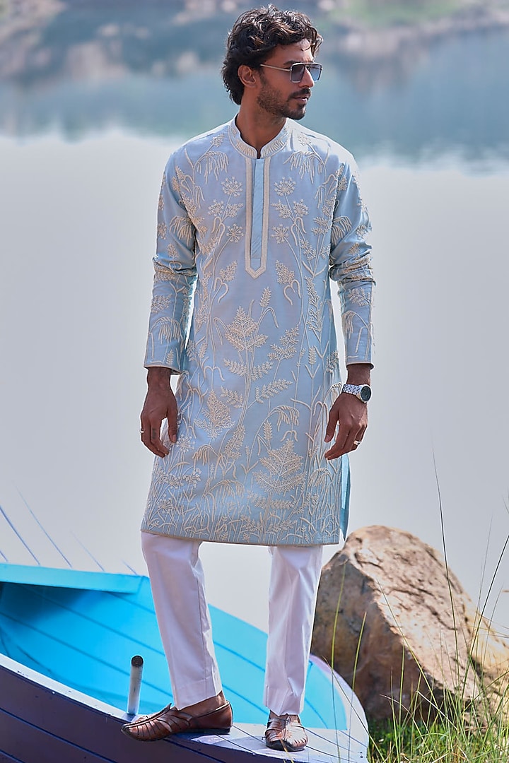 Powder Blue Silk Kurta Set by Anushree Reddy Men at Pernia's Pop Up Shop