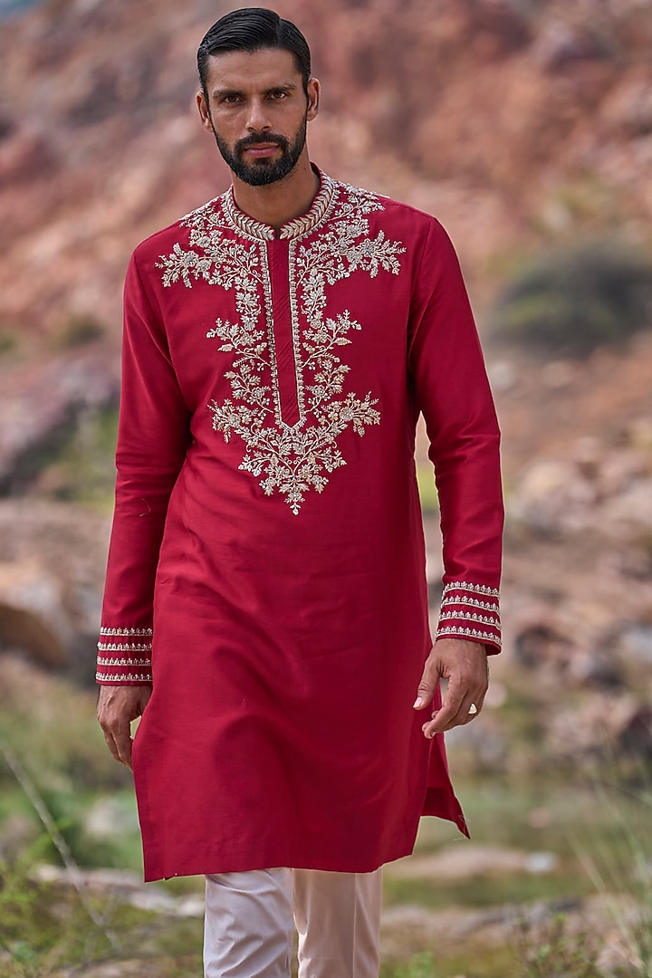 Red Silk Kurta Set by Anushree Reddy Men at Pernia's Pop Up Shop