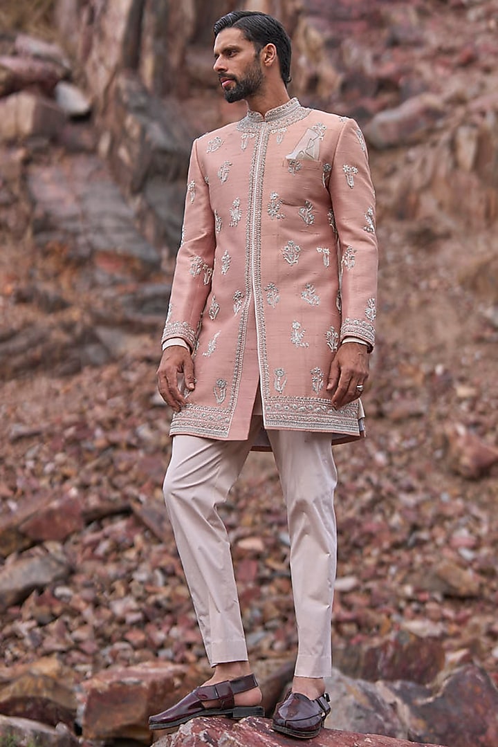 Rose Raw Silk Groom Sherwani Set by Anushree Reddy Men at Pernia's Pop Up Shop