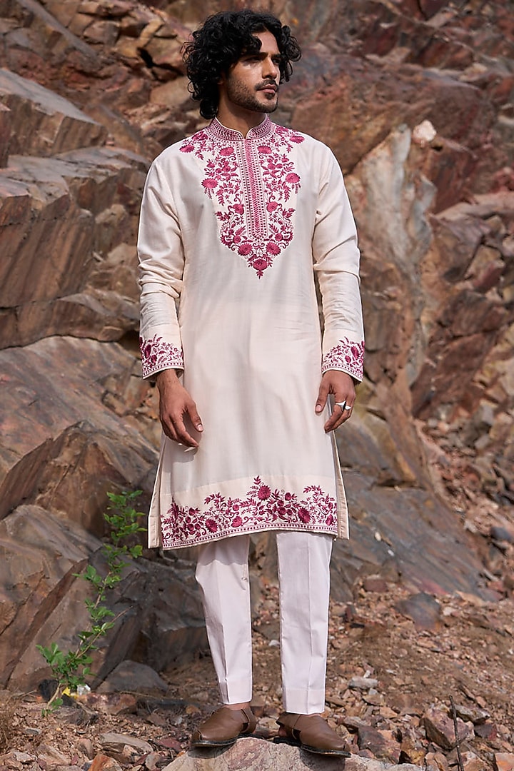 Ivory Silk Kurta Set by Anushree Reddy Men at Pernia's Pop Up Shop