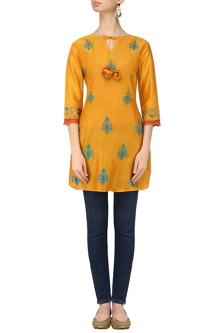 Orange embroidered motifs chanderi kurta available only at Pernia's Pop Up Shop.