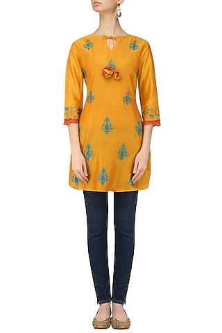 Orange Embroidered Motifs Chanderi Kurta by Anvita