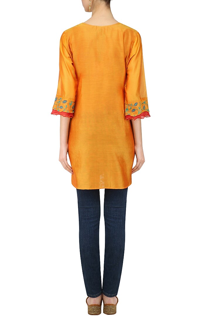 Orange embroidered motifs chanderi kurta available only at Pernia's Pop Up Shop.