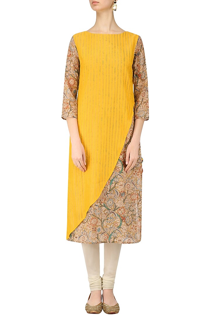 Yellow and beige printed layered kurta available only at Pernia's Pop Up Shop.