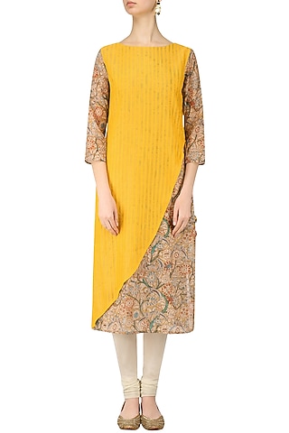 Yellow and Beige Printed Layered Kurta by Anvita
