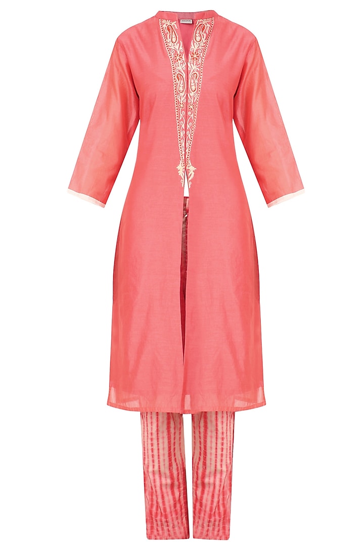 Pink Embroidered Kurta with Tye and Dye Pants by Anvita