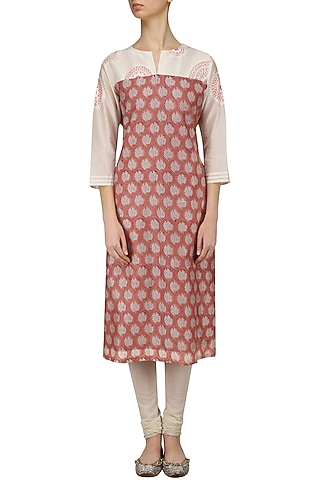 Pink and Off White Printed Chanderi Kurta by Anvita