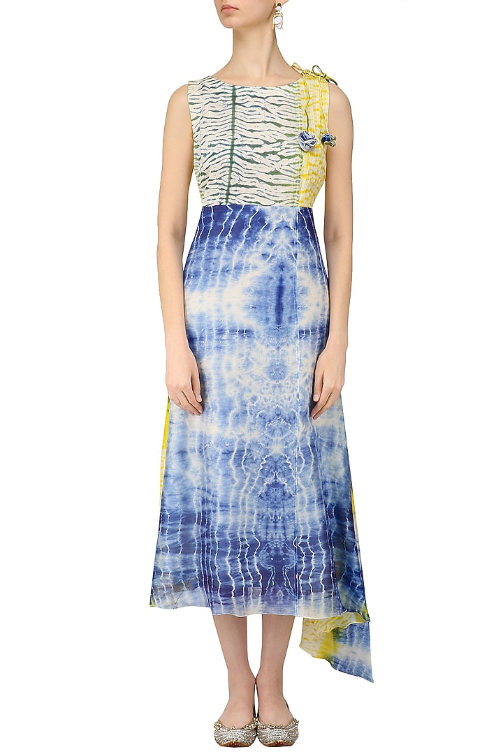 Blue, yellow and white tye and dye asymmetrical dress available only at Pernia's Pop Up Shop.