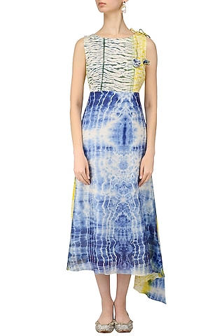 Blue, Yellow and White Tye and Dye Asymmetrical Dress by Anvita