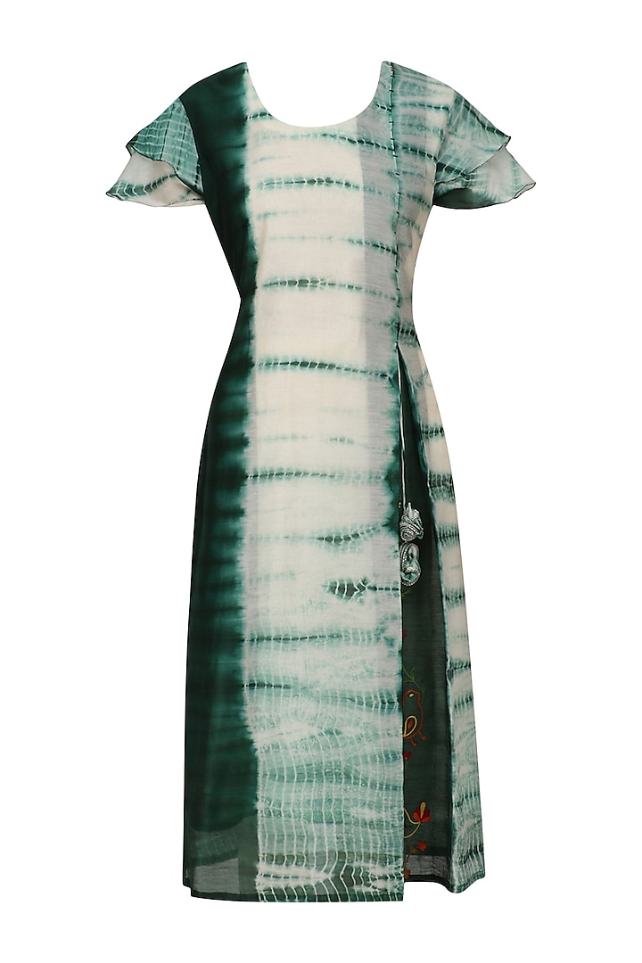 Green and White Tye and Dye Birds Embroidered Kurta by Anvita