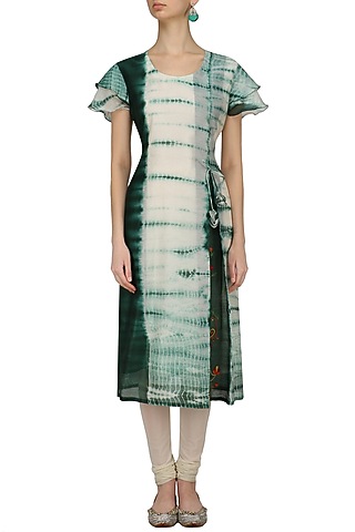 Green and White Tye and Dye Birds Embroidered Kurta by Anvita