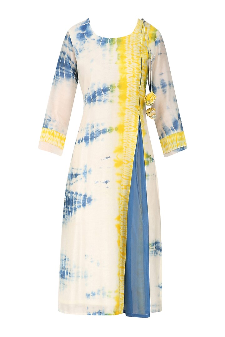 Blue, Yellow and White Tye and Dye Asymmetrical Kurta by Anvita
