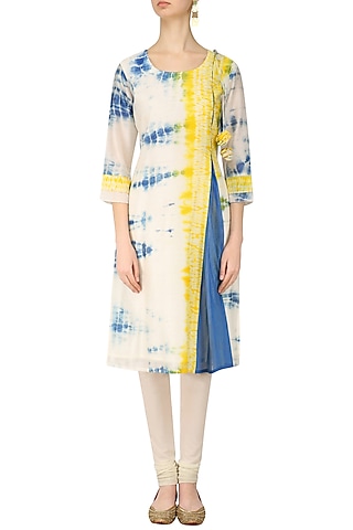 Blue, Yellow and White Tye and Dye Asymmetrical Kurta by Anvita