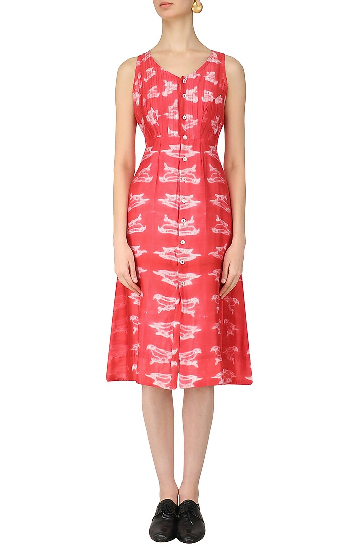 Red shibori dye bird print dress available only at Pernia's Pop Up Shop.