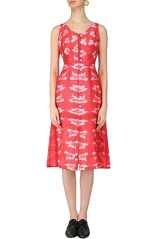 Red Shibori Dye Bird Print Dress by Anvita