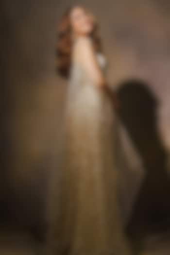 Beige & Ivory Tulle Hand Embroidered Bridal Sharara Set by ASAGA at Pernia's Pop Up Shop