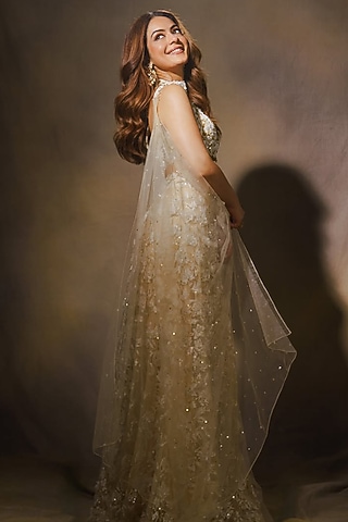 Beige & Ivory Tulle Hand Embroidered Sharara Set by ASAGA