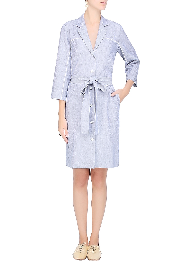 Navy and white structured pinstriped dress available only at Pernia's Pop Up Shop.