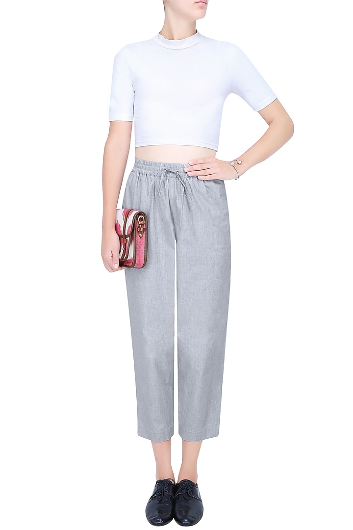 Oxford blue grey travel pants available only at Pernia's Pop Up Shop.