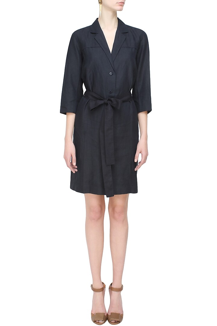 Anomaly presents Navy blue structured cotton linen dress available only at Pernia's Pop Up Shop.