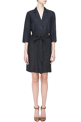 Navy blue structured cotton linen dress by Anomaly