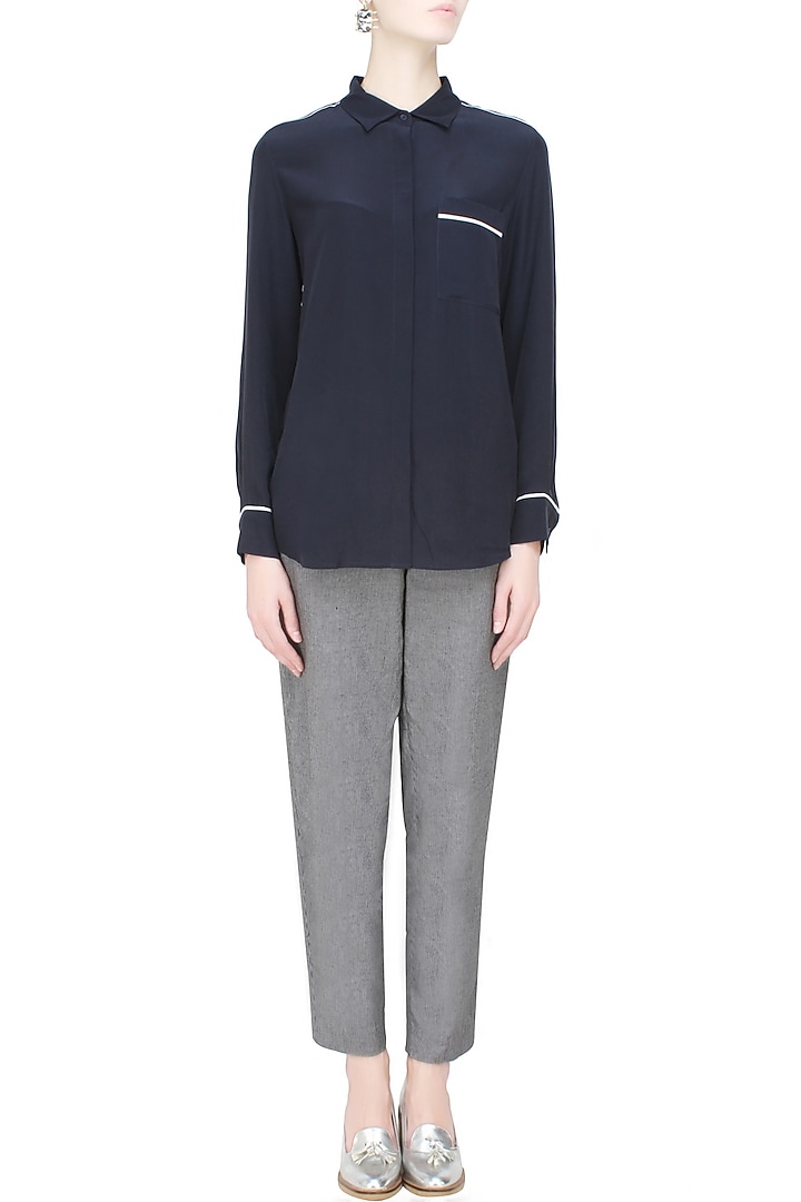 Anomaly presents Navy blue and contrast piping button down silk shirt available only at Pernia's Pop Up Shop.