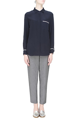 Navy blue and contrast piping button down silk shirt by Anomaly
