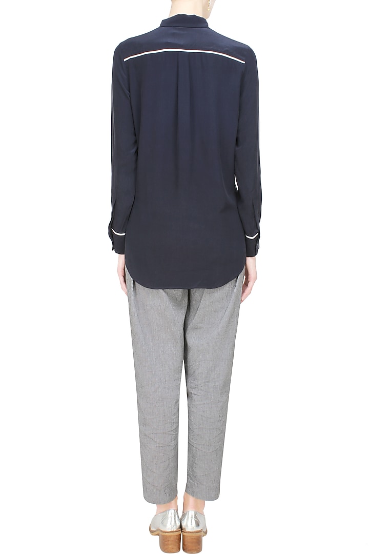 Anomaly presents Navy blue and contrast piping button down silk shirt available only at Pernia's Pop Up Shop.