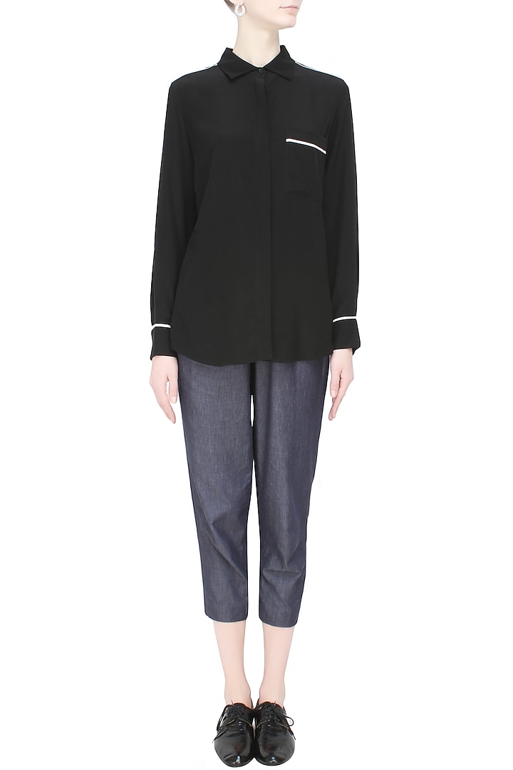 Anomaly presents Black and contrast piping button down silk shirt available only at Pernia's Pop Up Shop.