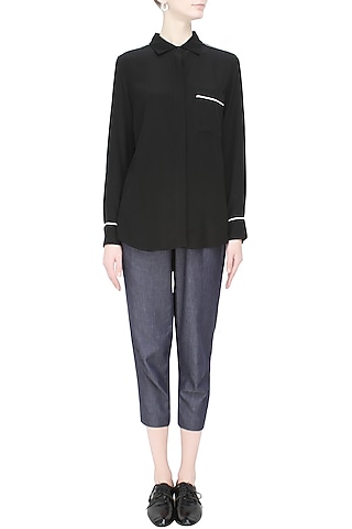 Black and contrast piping button down silk shirt by Anomaly