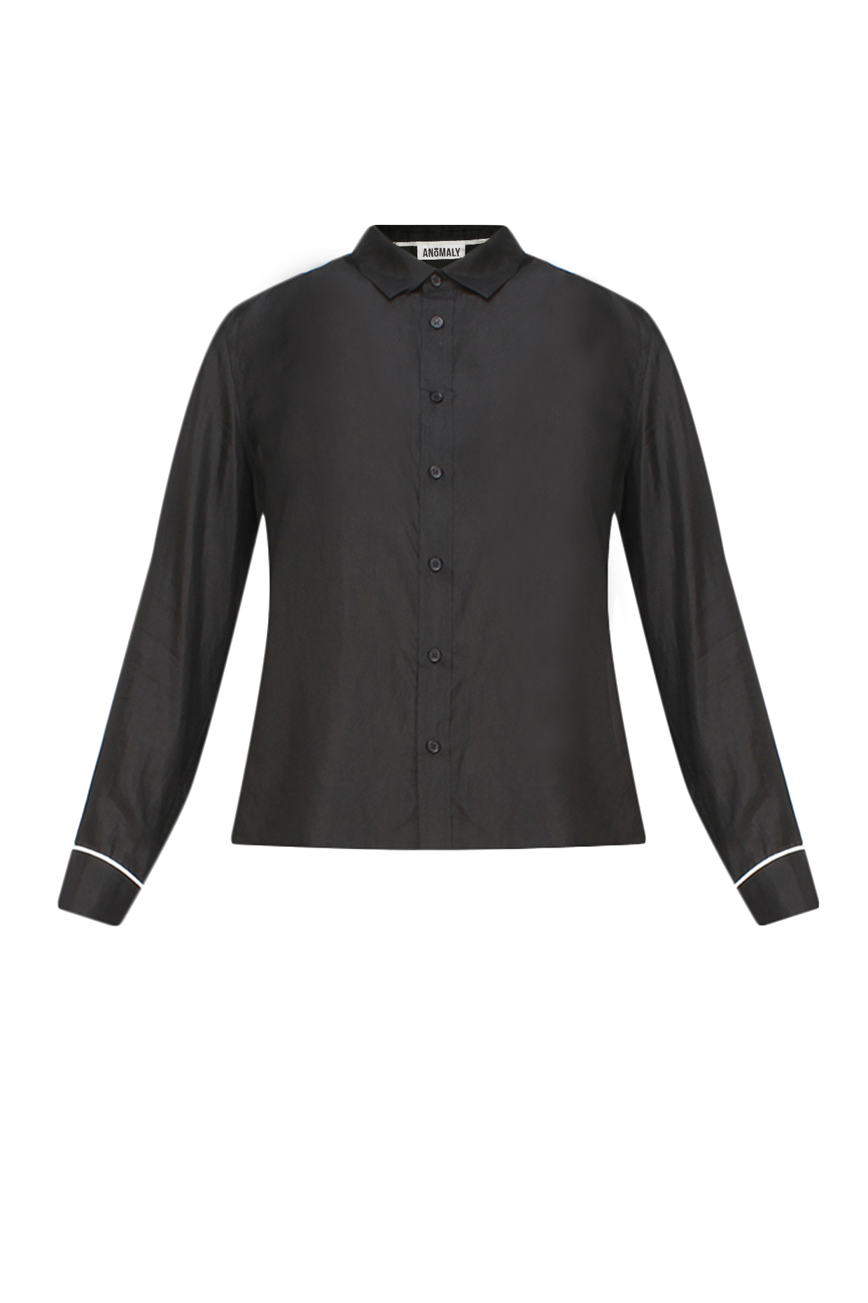 Anomaly presents Black button down silk habotai shirt available only at Pernia's Pop Up Shop.