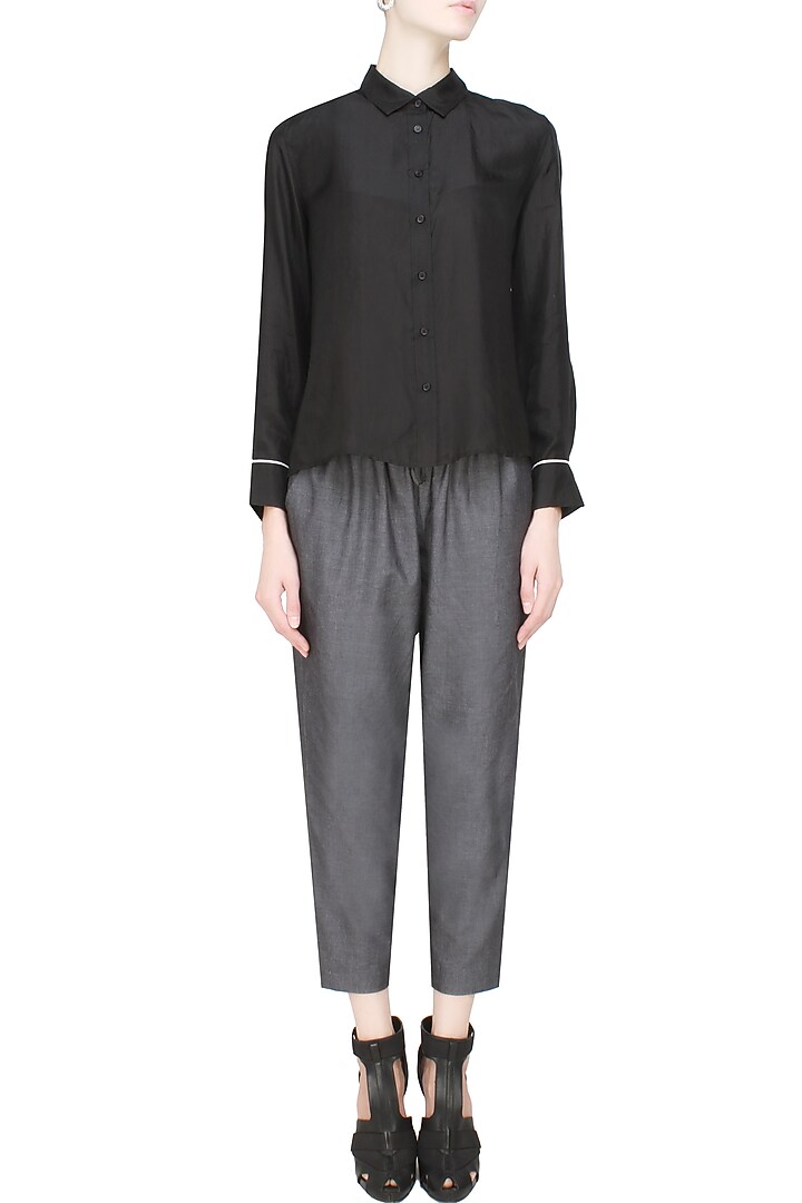 Anomaly presents Black button down silk habotai shirt available only at Pernia's Pop Up Shop.
