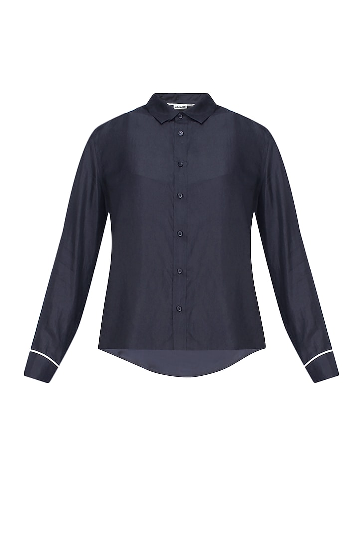 Navy blue button down silk habotai shirt by Anomaly