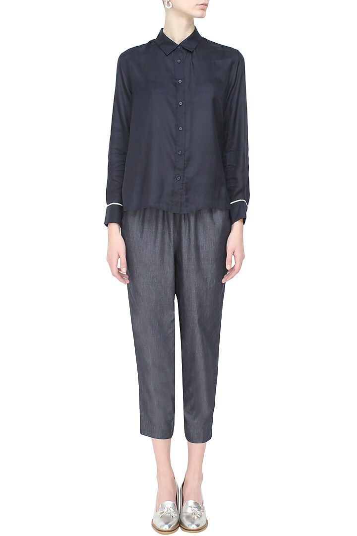 Anomaly presents Navy blue button down silk habotai shirt available only at Pernia's Pop Up Shop.