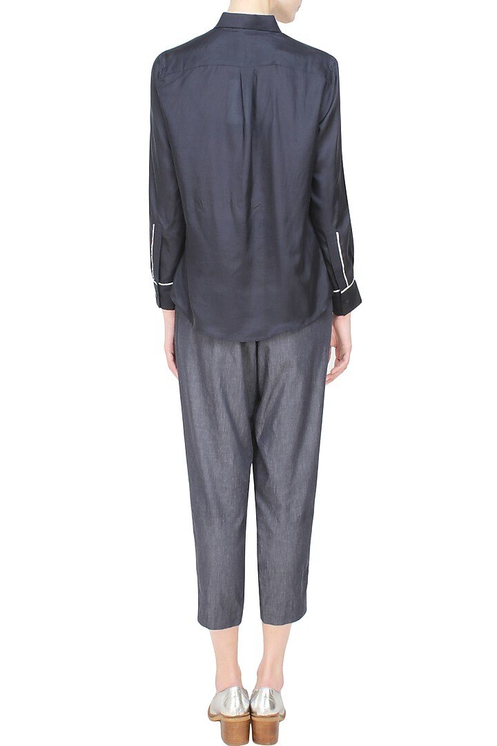 Anomaly presents Navy blue button down silk habotai shirt available only at Pernia's Pop Up Shop.