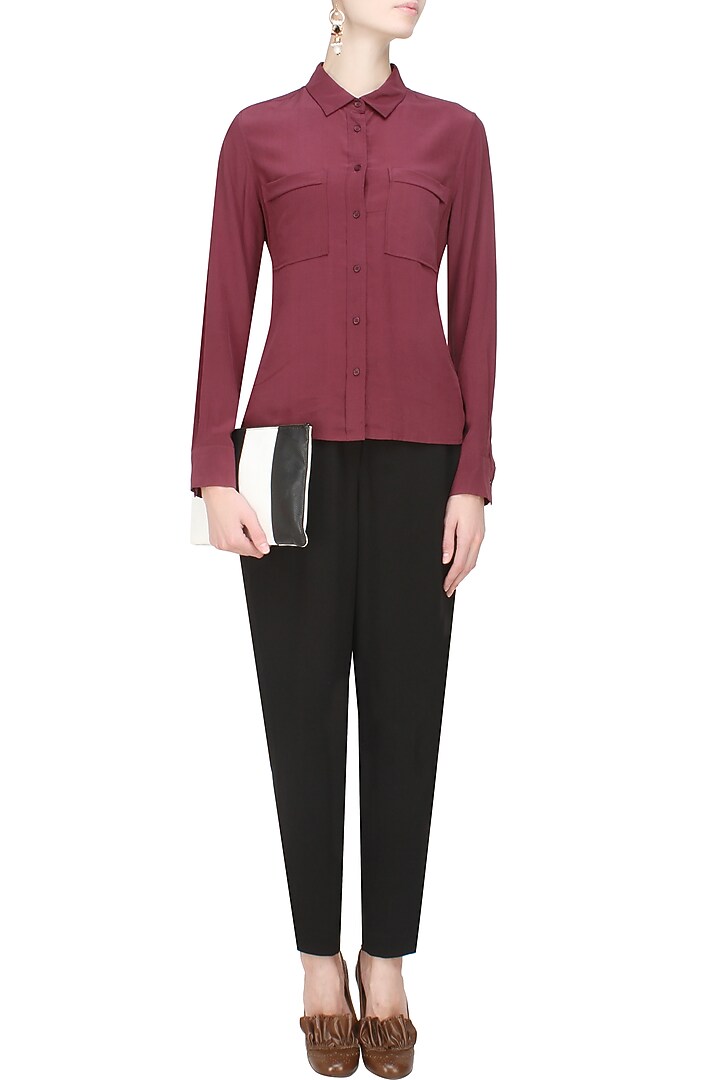 Anomaly presents Burgundy button down silk shirt available only at Pernia's Pop Up Shop.