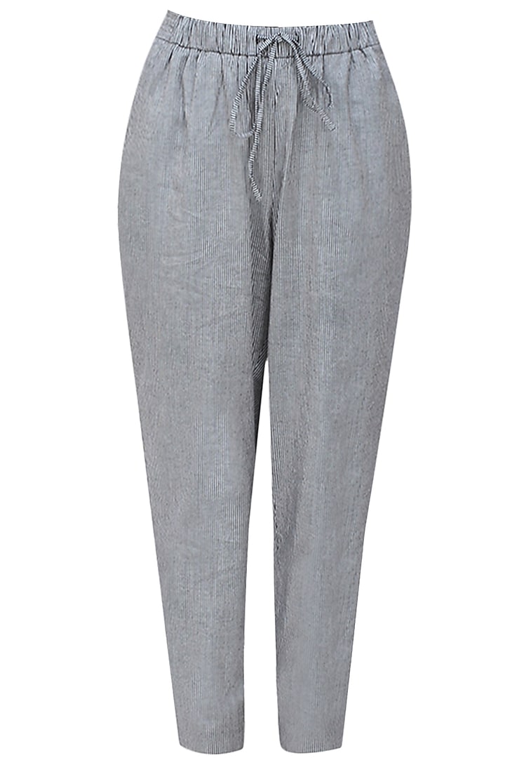 Grey and black pinstriped relaxed drawstring pants by Anomaly