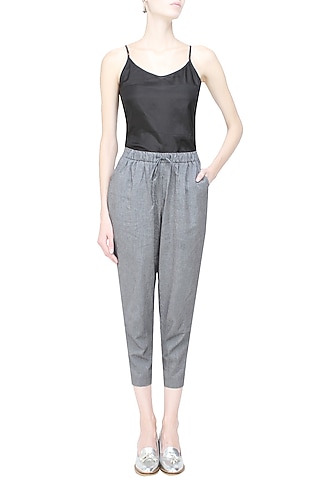 Grey and black pinstriped relaxed drawstring pants by Anomaly