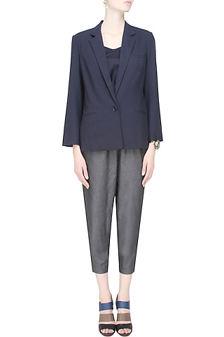 Navy blue classic city front open blazer by Anomaly