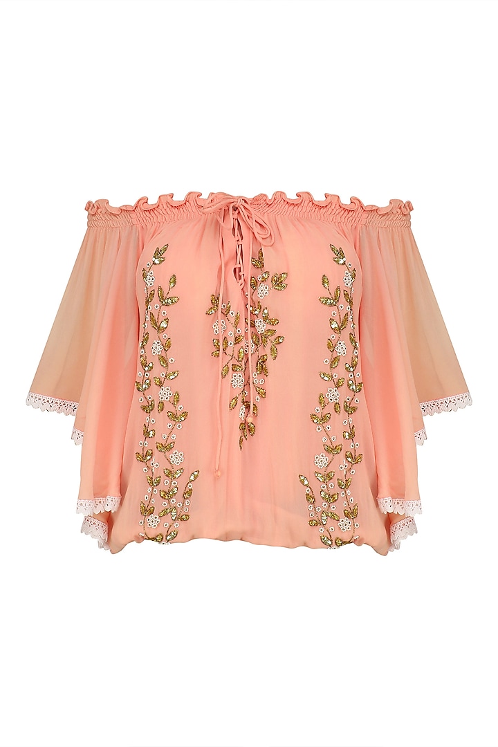 Peach Leaf Embroidered Off Shoulder Top by Nandita Mahtani