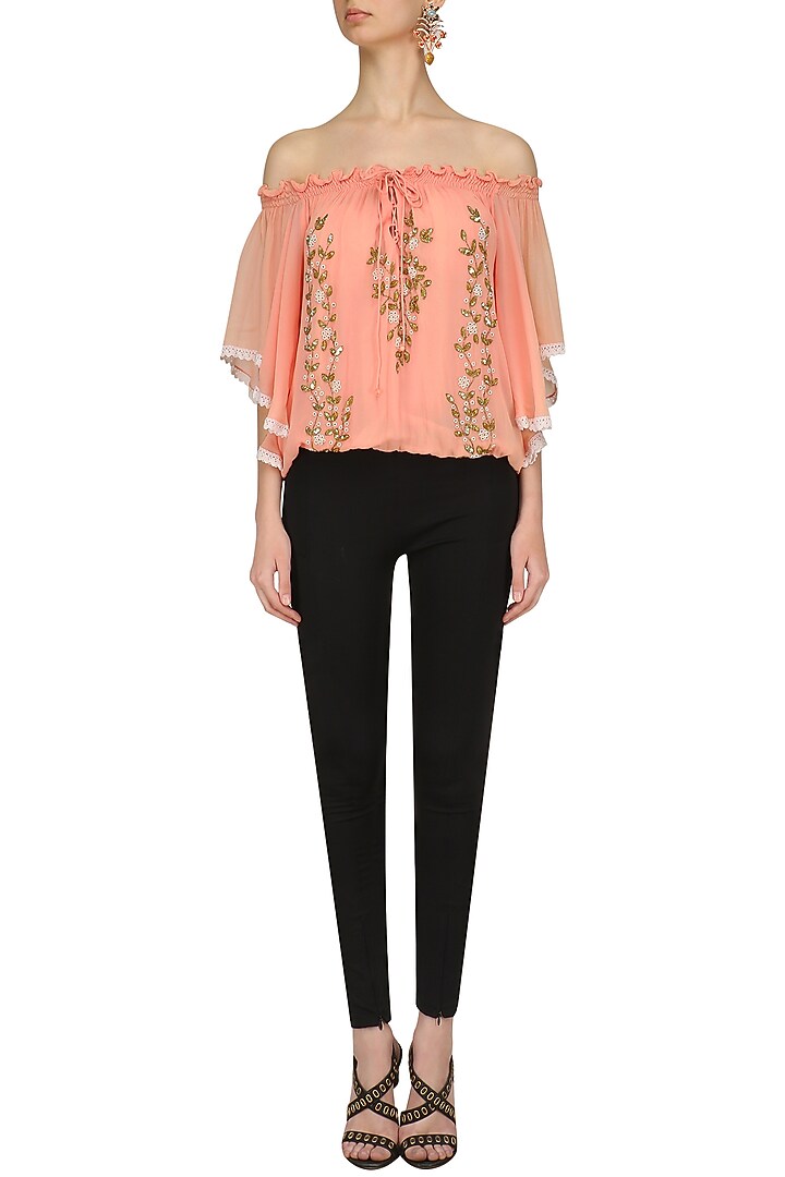 Peach leaf embroidered Off shoulder top available only at Pernia's Pop Up Shop.